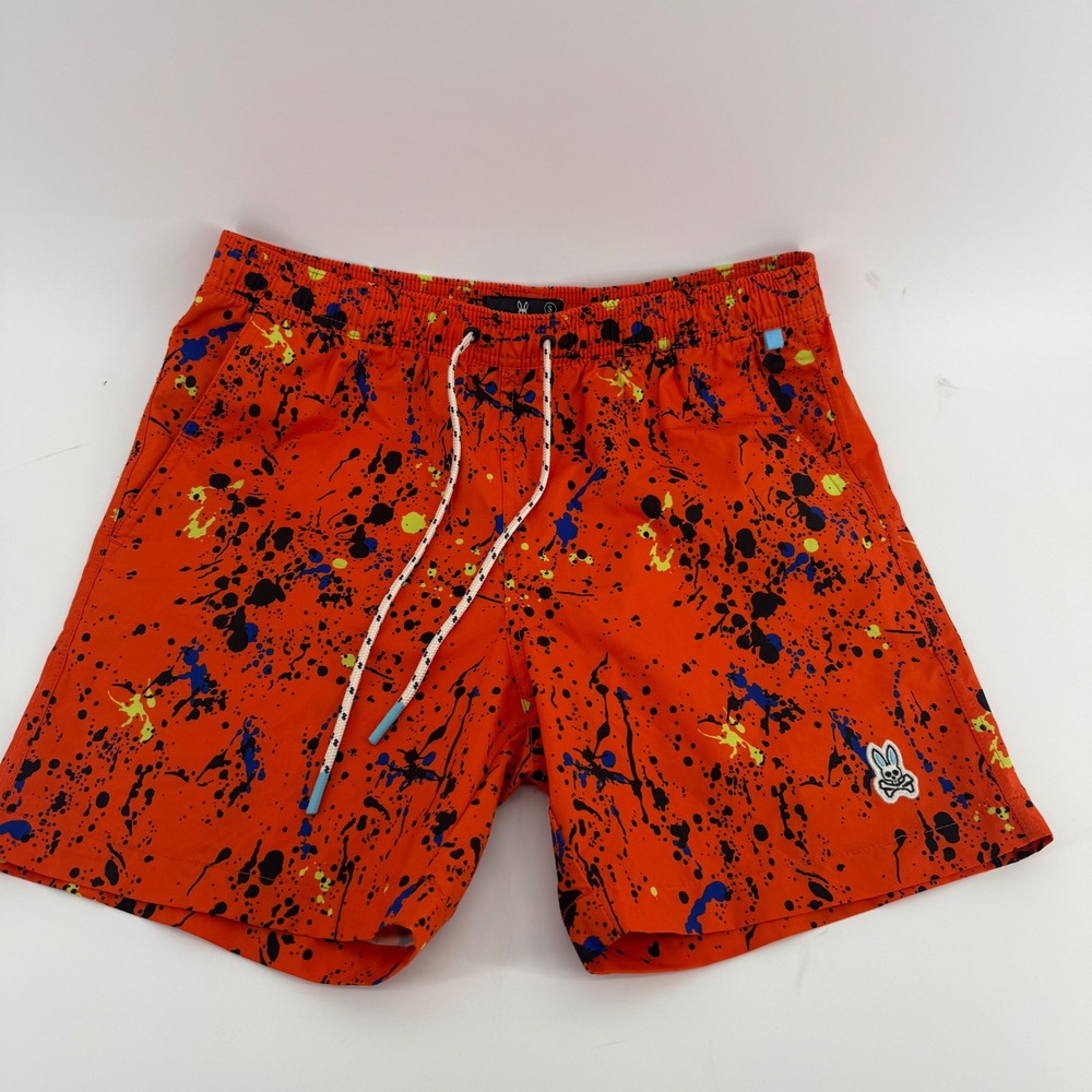 Psycho Bunny Mens Orange Paint Splatter Swim Trunks Shorts Size S